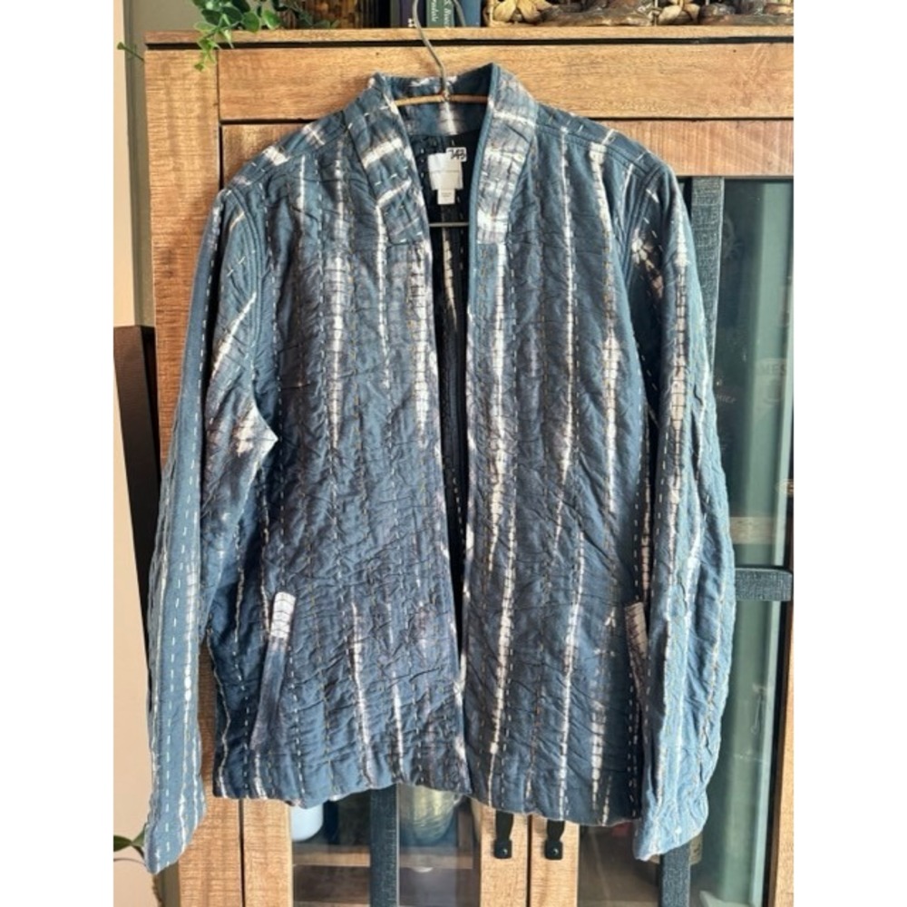J Jill Blue Tie Dye Quilted Kantha Stitch Open Front Jacket Women L